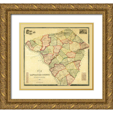 Lancaster County Pennsylvania - 1851 Gold Ornate Wood Framed Art Print with Double Matting by Unknown