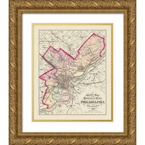 Philadelphia Pennsylvania - Walling 1872 Gold Ornate Wood Framed Art Print with Double Matting by Walling