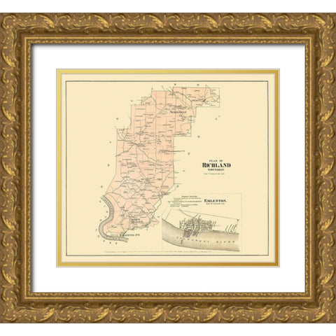 Richland Pennsylvania Landowner - Beers 1865 Gold Ornate Wood Framed Art Print with Double Matting by Beers
