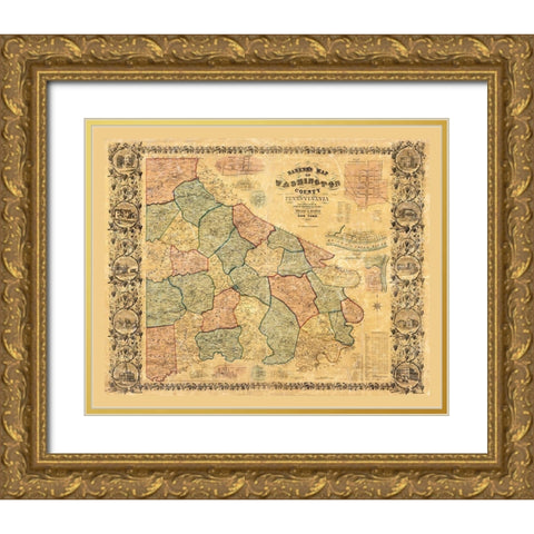 Washington County Pennsylvania - Barker 1856 Gold Ornate Wood Framed Art Print with Double Matting by Barker