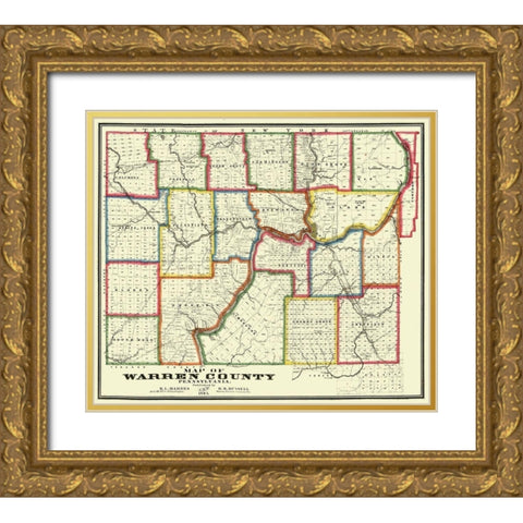 Warren County Pennsylvania - Barnes 1865 Gold Ornate Wood Framed Art Print with Double Matting by Barnes