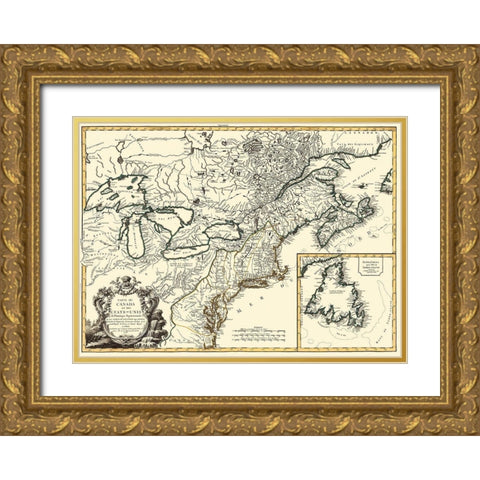 United States Canada - Vaugondy 1778 Gold Ornate Wood Framed Art Print with Double Matting by Vaugondy