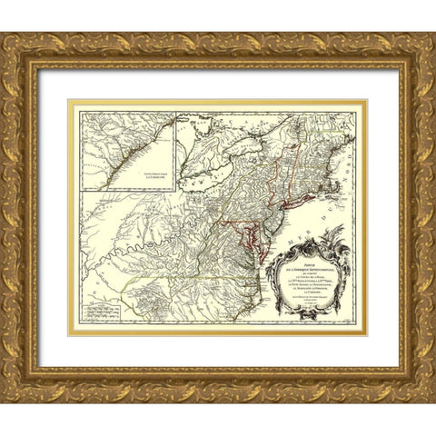 Northeastern Coast North America - Vaugondy 1755 Gold Ornate Wood Framed Art Print with Double Matting by Vaugondy