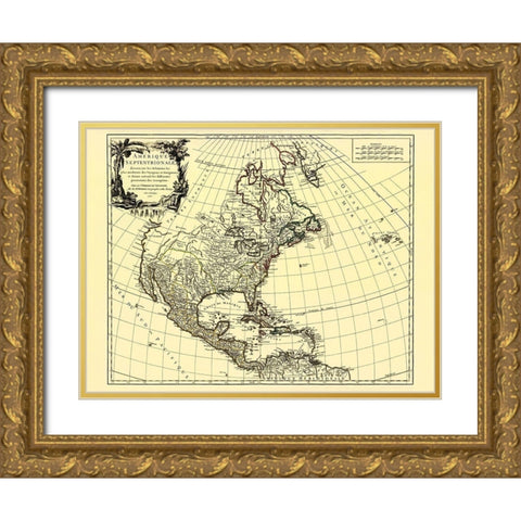European Possessions North America - Vaugondy 1750 Gold Ornate Wood Framed Art Print with Double Matting by Vaugondy