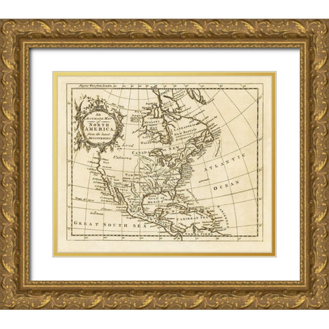 North America from the Latest Discoveries - 1750 Gold Ornate Wood Framed Art Print with Double Matting by Unknown