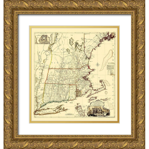 Massachusetts, New Hampshire, Connecticut, RI Gold Ornate Wood Framed Art Print with Double Matting by Unknown