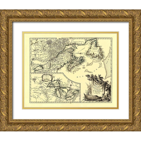 United States Canada - Vaugondy 1755 Gold Ornate Wood Framed Art Print with Double Matting by Vaugondy