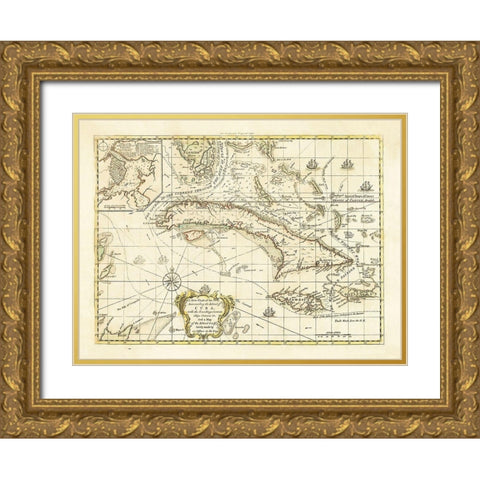 Currents Ships Courses Cuba - 1762 Gold Ornate Wood Framed Art Print with Double Matting by Unknown