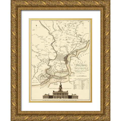 City Environs of Philadelphia - Faden 1777 Gold Ornate Wood Framed Art Print with Double Matting by Faden