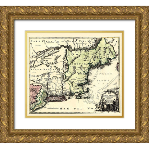 New England North America - Homann 1780 Gold Ornate Wood Framed Art Print with Double Matting by Homann
