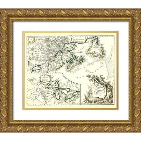 New France Canada - Vaugondy 1755 Gold Ornate Wood Framed Art Print with Double Matting by Vaugondy