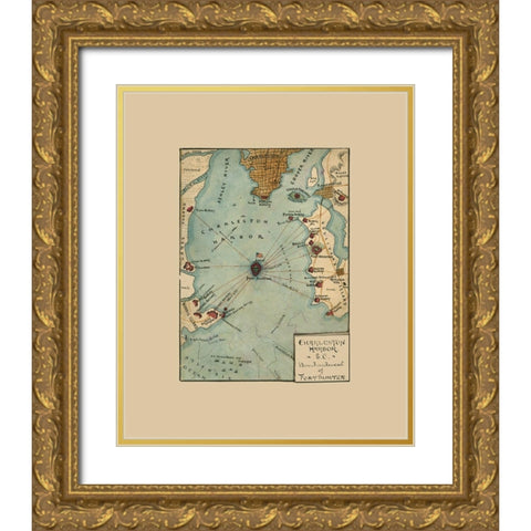 Charleston Harbor South Carolina -1861 Gold Ornate Wood Framed Art Print with Double Matting by Unknown