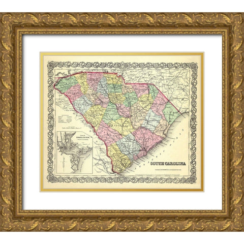 South Carolina - Colton 1855 Gold Ornate Wood Framed Art Print with Double Matting by Colton
