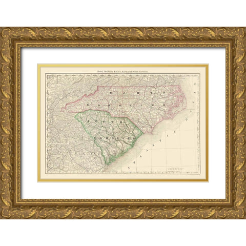 North Carolina, South Carolina - Rand McNally 1879 Gold Ornate Wood Framed Art Print with Double Matting by Rand McNally