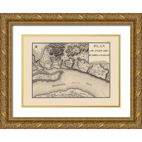 Fort Des Escores, Margot Tennessee - Collot 1796 Gold Ornate Wood Framed Art Print with Double Matting by Collot