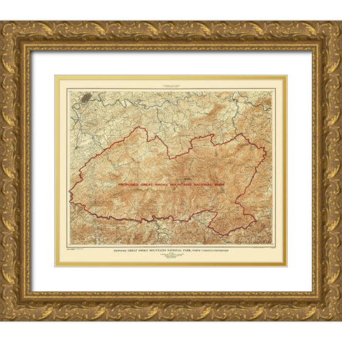 Great Smoky Mountains Tennessee North Carolina Gold Ornate Wood Framed Art Print with Double Matting by USGS