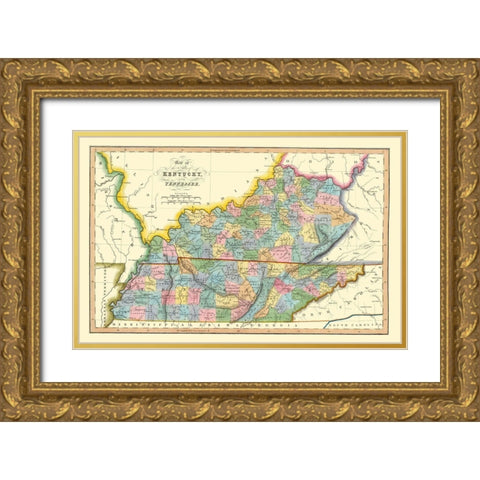 Kentucky, Tennessee Counties - Hinton 1831 Gold Ornate Wood Framed Art Print with Double Matting by Hinton