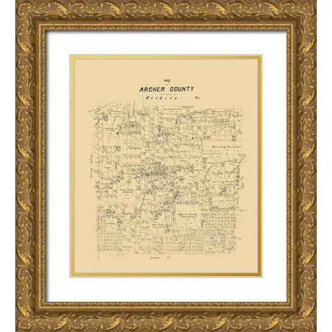 Archer County Texas - 1879 Gold Ornate Wood Framed Art Print with Double Matting by Unknown