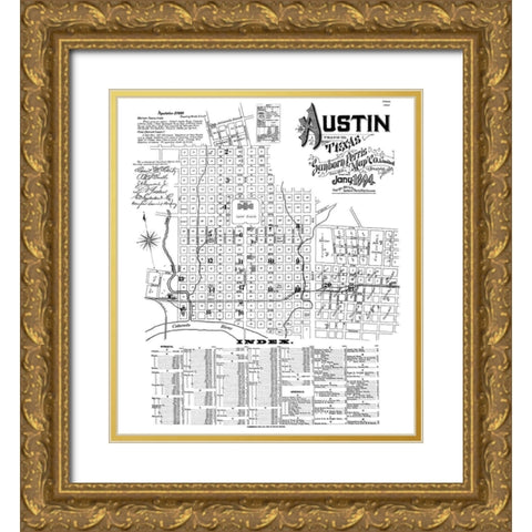 Austin Texas - Sanborn 1894 Gold Ornate Wood Framed Art Print with Double Matting by Sanborn