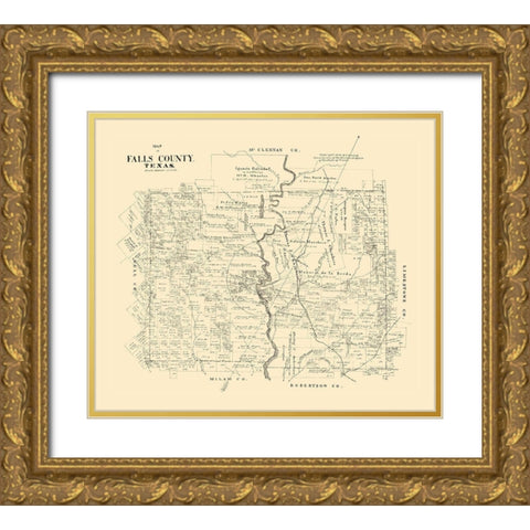 Falls County Texas - Walsh 1879 Gold Ornate Wood Framed Art Print with Double Matting by Walsh