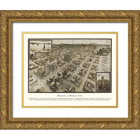 Houston Texas - Hopkins 1912 Gold Ornate Wood Framed Art Print with Double Matting by Hopkins