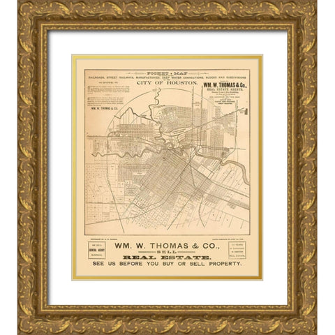 Houston Texas - Thomas 1890  Gold Ornate Wood Framed Art Print with Double Matting by Thomas