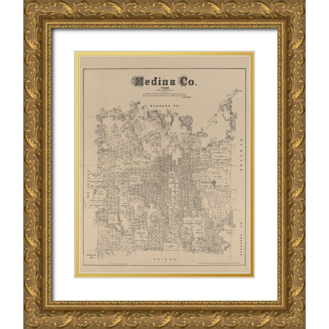 Medina County Texas - Walsh 1879  Gold Ornate Wood Framed Art Print with Double Matting by Walsh