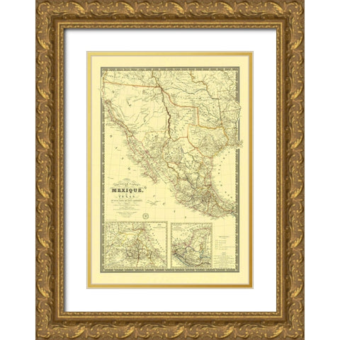 New Map of Mexico and Texas - 1840 Gold Ornate Wood Framed Art Print with Double Matting by Unknown