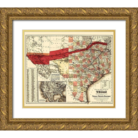 Texas and Pacific Railway - Colton 1873 Gold Ornate Wood Framed Art Print with Double Matting by Colton