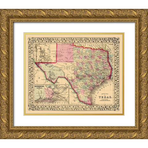 Texas with an Inset of Galveston Bay Gold Ornate Wood Framed Art Print with Double Matting by Mitchell