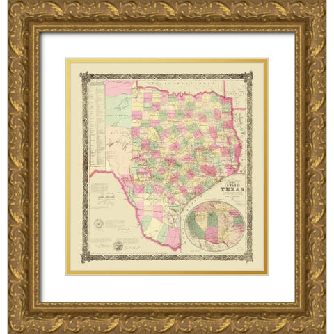Texas - USGLO 1867 Gold Ornate Wood Framed Art Print with Double Matting by USGLO