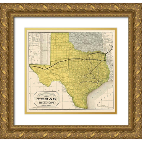 Texas Geographical Map 1876 Gold Ornate Wood Framed Art Print with Double Matting by Unknown