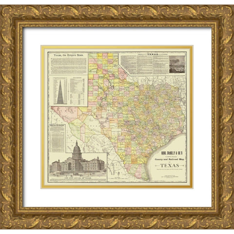 Texas - Rand McNally 1891 Gold Ornate Wood Framed Art Print with Double Matting by Rand McNally