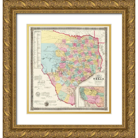 Texas State of J de Cordova - Colton 1856 Gold Ornate Wood Framed Art Print with Double Matting by Colton