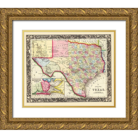 Texas State and County - Mitchell 1860 Gold Ornate Wood Framed Art Print with Double Matting by Mitchell