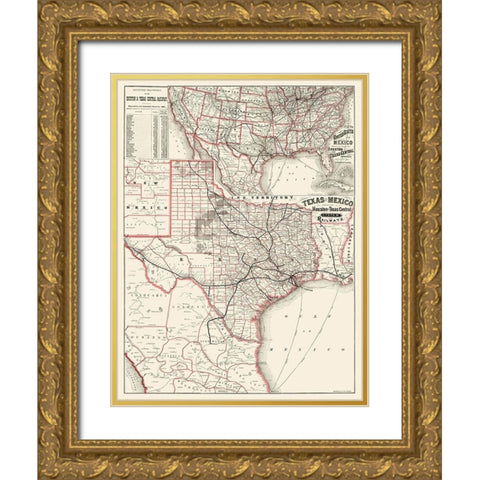Houston and Texas Central Railways 1880 Gold Ornate Wood Framed Art Print with Double Matting by Rand McNally