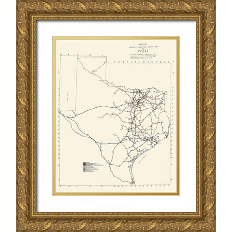 Texas Railway Junction Points - Bissell 1891 Gold Ornate Wood Framed Art Print with Double Matting by Bissell