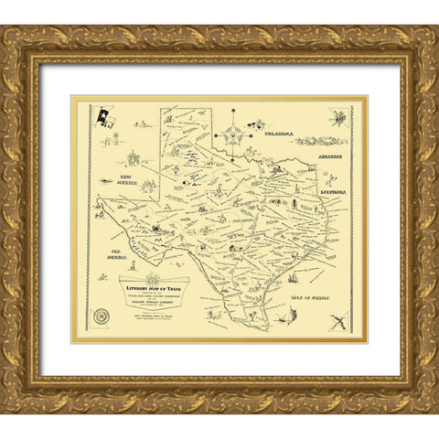 Texas Literary Map - National Bank of Dallas 1955 Gold Ornate Wood Framed Art Print with Double Matting by National Bank of Dallas