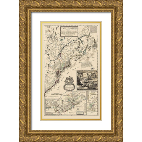 United States Northeast Coast - Moll 1711 Gold Ornate Wood Framed Art Print with Double Matting by Moll