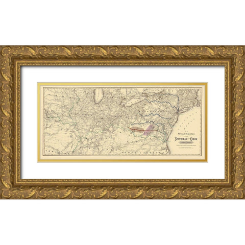 Potomac and Ohio Railway Projected Route 1874 Gold Ornate Wood Framed Art Print with Double Matting by Colton