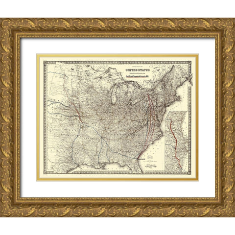 Fort Scott, topeka and Lincoln Railroad 1883 Gold Ornate Wood Framed Art Print with Double Matting by Colton