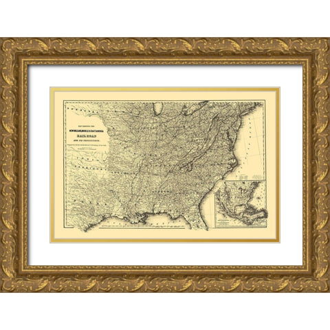 New Orleans, Mobile and Chattanooga Railroad 1865 Gold Ornate Wood Framed Art Print with Double Matting by Colton