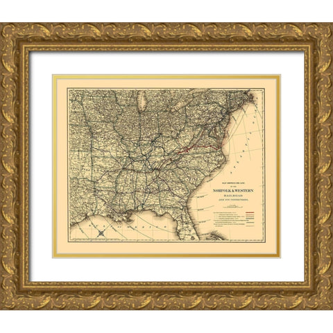 Norfolk and Western Railroad - Colton 1887 Gold Ornate Wood Framed Art Print with Double Matting by Colton