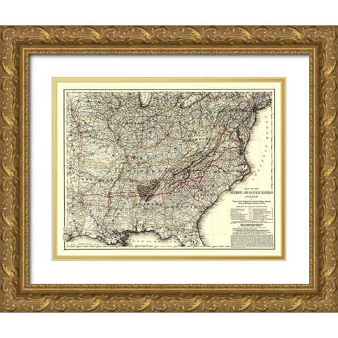 Richmond and Danville Railroad - Colton 1881 Gold Ornate Wood Framed Art Print with Double Matting by Colton