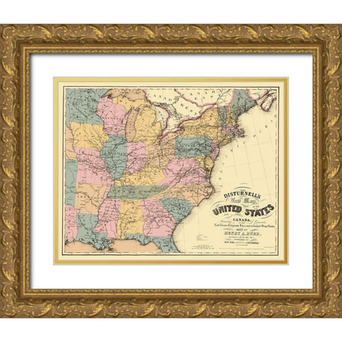 US East Railroad, Telegraph, Stage Coach 1850 Gold Ornate Wood Framed Art Print with Double Matting by Disturnell