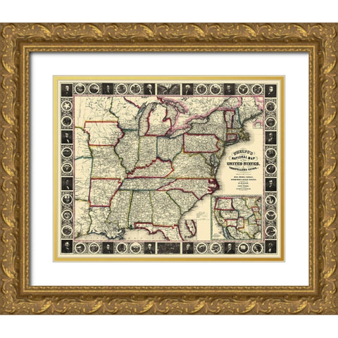 US East Phelps Travellers Guide 1852 Gold Ornate Wood Framed Art Print with Double Matting by Ensign
