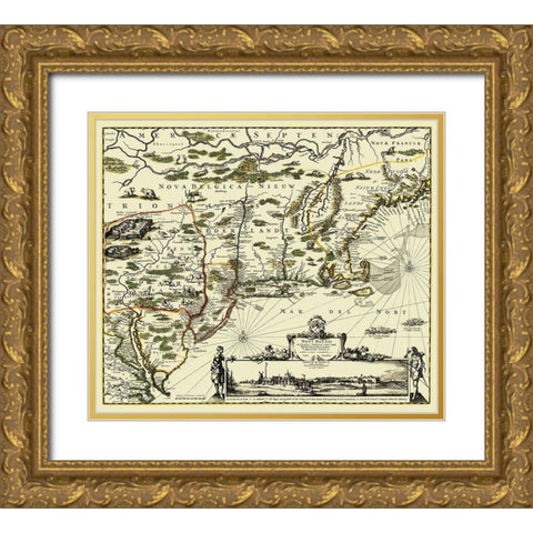 New England Original Colonies - 1673 Gold Ornate Wood Framed Art Print with Double Matting by Unknown
