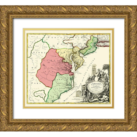 America Septentrionali - Homann 1740 Gold Ornate Wood Framed Art Print with Double Matting by Homann