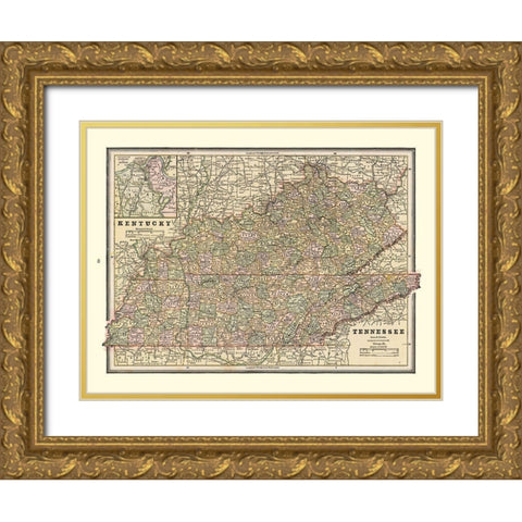 Kentucky, Tennessee - Cram 1888 Gold Ornate Wood Framed Art Print with Double Matting by Cram