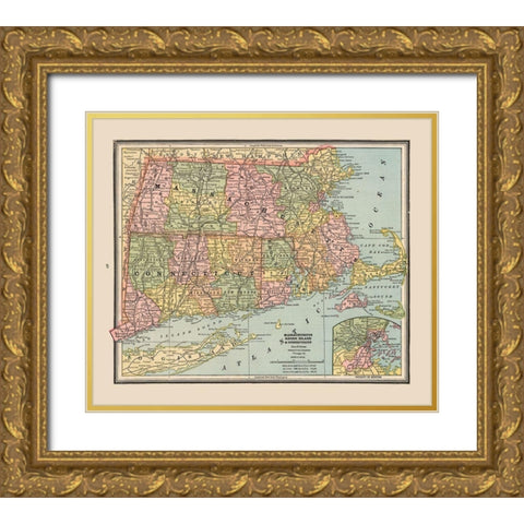 Massachusetts, Rhode Island - Cram 1888 Gold Ornate Wood Framed Art Print with Double Matting by Cram